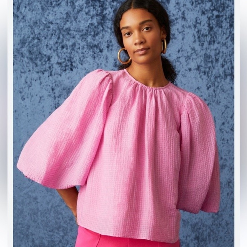 Marie Oliver Harly Top Azalea Pink Silk Linen Puff Sleeve Blouse Womens Sz M